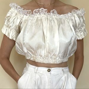 VINTAGE white silky satin cropped blouse